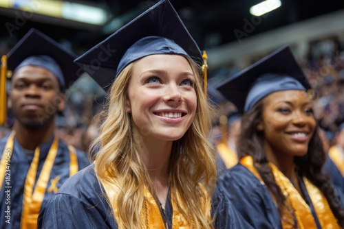 Graduation ceremony with students celebrating their achievements in caps and gowns at a university auditorium during the annual commencement event