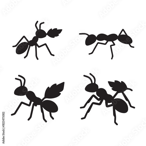  Four Stylized Ant Silhouettes Carrying Leaves Hard Work and Teamwork Concept.