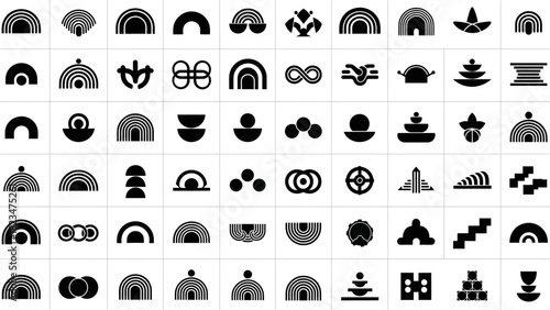 Collection of abstract black and white geometric shapes and symbols.