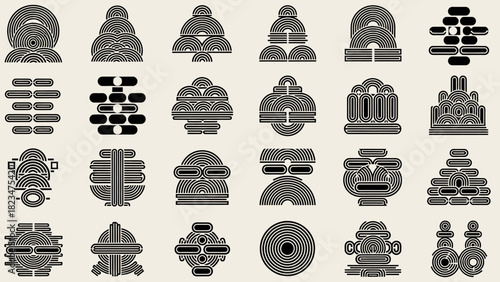 Collection of abstract geometric shapes and futuristic icons.
