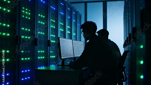 Generative AI network technicians monitoring server room operations.