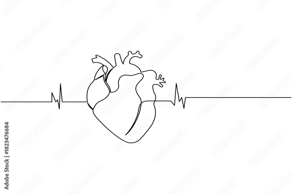 Obraz premium Human heart with ecg heartbeat line, continuous simple drawing