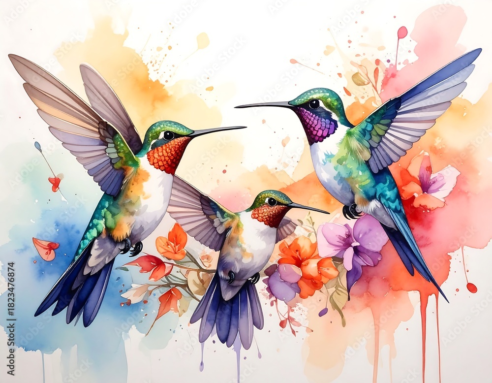 Obraz premium Three hummingbirds with wings spread, watercolor style art