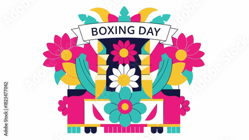 A vibrant flat design vector showing a festive Junkanoo parade float decorated with stylized floral patterns and a 'Boxing Day' banner. This clean 2D illustration captures the celebratory spirit of th