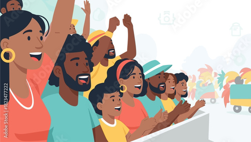 A joyful flat design illustration depicting a diverse group of spectators, including a child, happily observing a vibrant Junkanoo parade. This 2D vector captures the community spirit and excitement 