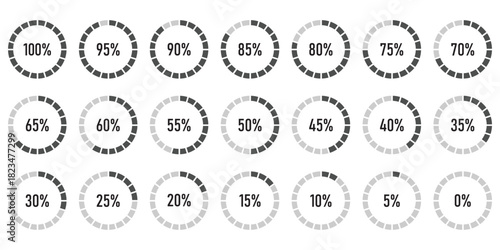 Percentage infographics flat elements. Round diagrams icons for infographics from 0 to 100 percent. Circle graph loading progress templates. Green, grey color fill divided pie charts indicators