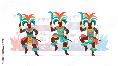 A dynamic flat design illustration showcasing a group of Junkanoo dancers performing in synchronized, energetic motion, adorned in bold, colorful costumes. 