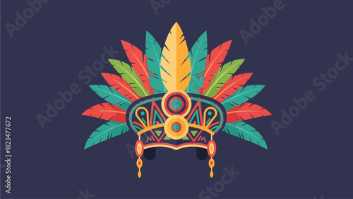 An intricate flat design illustration of a vibrant Junkanoo costume headpiece, adorned with stylized feathers and geometric patterns. This 2D vector highlights the detailed artistry 