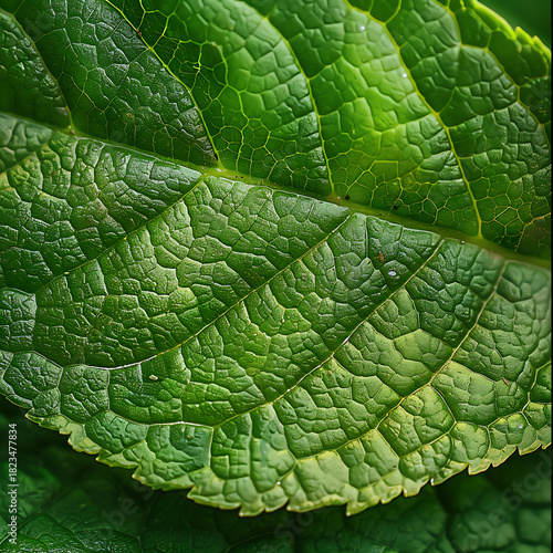 Close up of a vibrant green leaf showing intricate texture and vein patterns