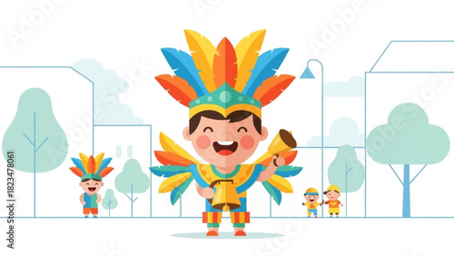 A heartwarming flat design illustration featuring a child happily participating in Junkanoo, dressed in a simplified costume and holding a cowbell. 