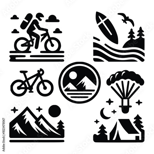 Outdoor Adventure Icons Set – Camping, Hiking, Cycling, Surfing, Mountains and Skydiving