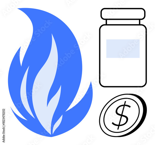 Blue flame, medicine bottle, and dollar coin explore energy, cost management, resources, and healthcare. Ideal for finance, energy healthcare economy expenses budgeting energy efficiency. Simple