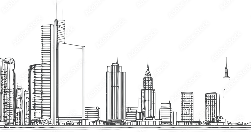 Naklejka premium Monochrome Hand-Drawn Architectural Skyline of City Buildings and Towers Depicts Urban Landscape