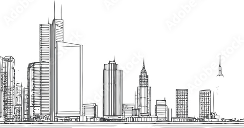 Monochrome Hand-Drawn Architectural Skyline of City Buildings and Towers Depicts Urban Landscape