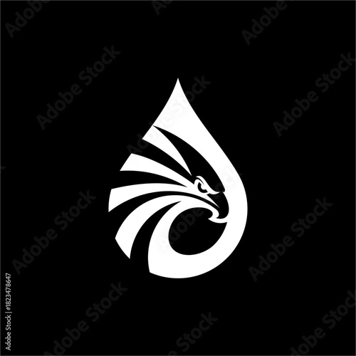 Sleek, futuristic emblem depicting a hawk's fierce gaze and sweeping feathers in a stylized drop shape. Perfect for energy or corporate defense.