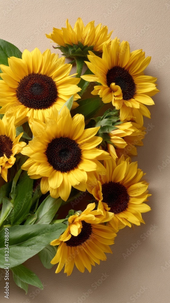 Fototapeta premium A bouquet of yellow sunflowers is arranged in a vase