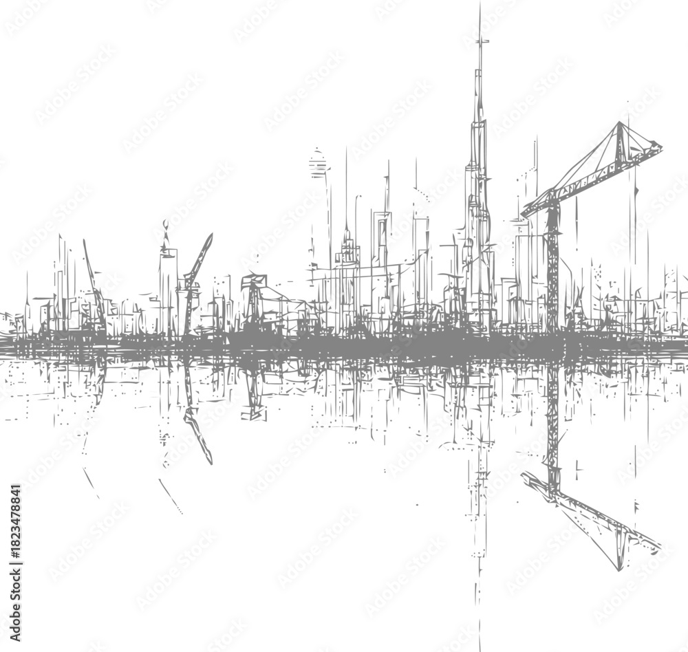 Obraz premium Abstract cityscape illustration with crane construction reflecting in water creating a modern