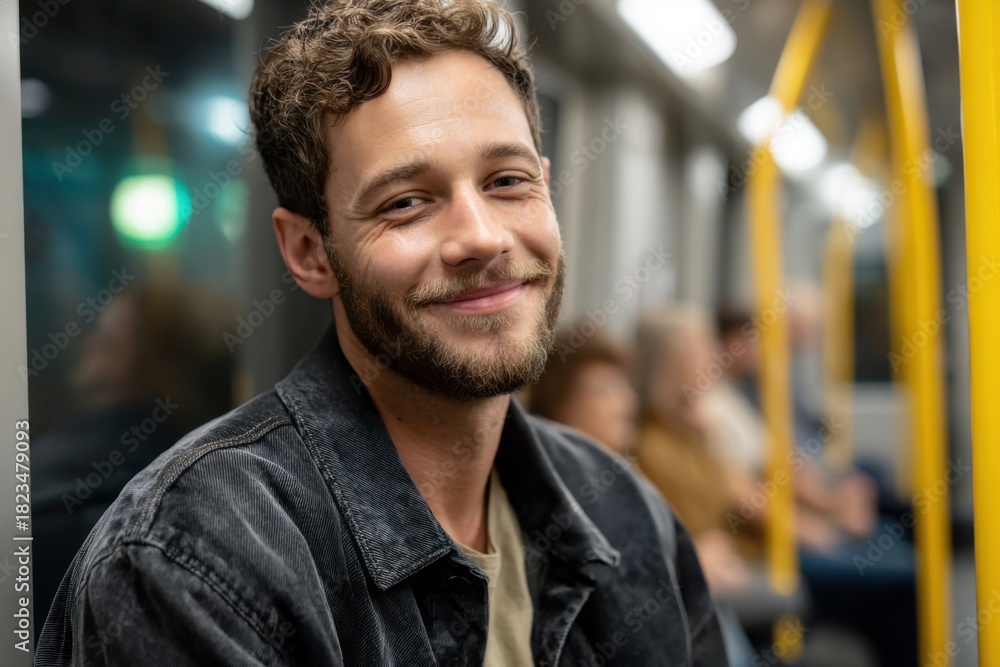 Fototapeta premium Portrait of a smiling man sitting comfortably on a subway train enjoying his journey during the day