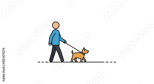 person walking dog stroll with canine companion on a dashed line path a simple illustration for pet ownership and urban lifestyle themes.
