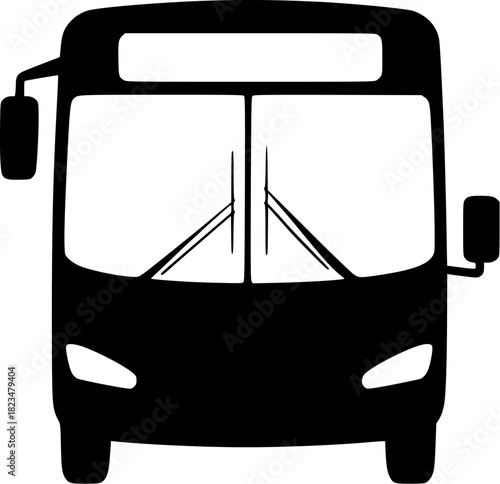 Front view silhouette icon of a modern city bus, symbolizing urban public transportation, commuter travel, and efficient passenger services. A minimalist graphic illustration for transport themes