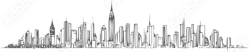 Stylized cityscape illustration featuring iconic New York City skyline landmarks