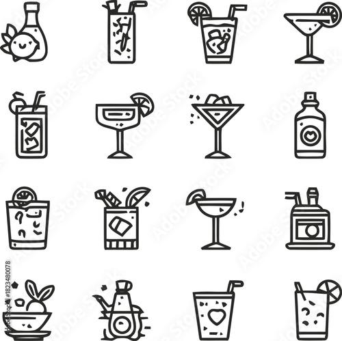 Elegant Line Art Cocktail Icons Collection Depicting Variety of Refreshing Beverages