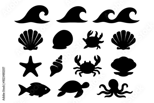Marine silhouettes: waves, seashells, crabs, starfish, turtles, fish, and octopus icons.