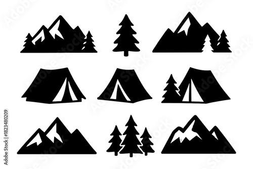 Silhouette forest scene with tents and mountains.