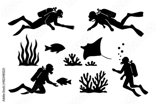 Silhouettes of scuba divers exploring underwater marine life.
