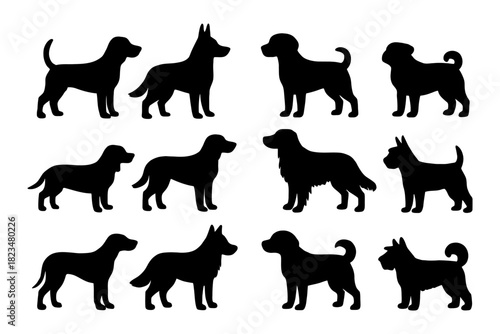 Silhouette collection of various dog breeds in different poses.