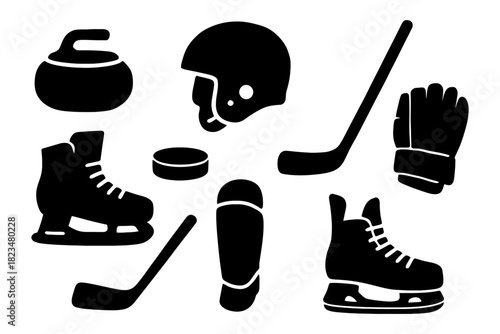 Silhouette of ice hockey equipment: puck, skates, helmet, stick, gloves, pad, curling rock.