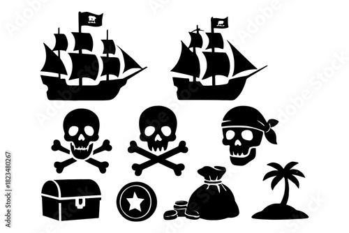 Silhouette of pirate ships, skull and crossbones, treasure icons.