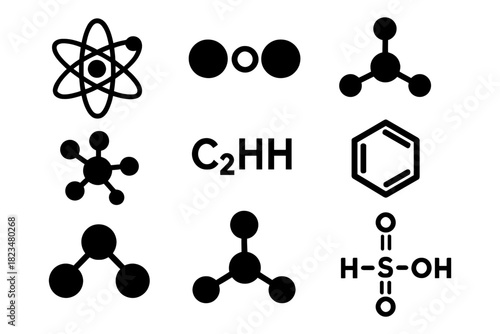 Collection of chemical molecule icons and atomic structures.