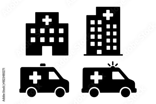 Hospital and ambulance icons set with cross symbols.