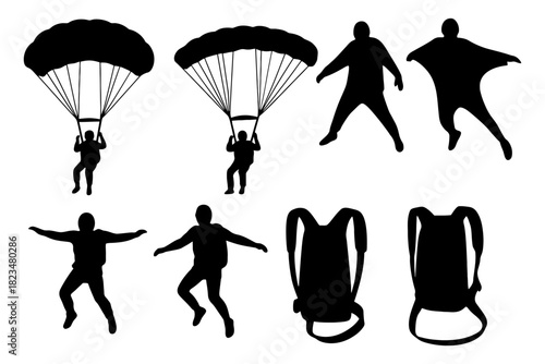 Silhouette skydiving: parachutes, wingsuits, and gear in action.