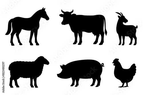 Silhouettes of common farm animals: horse, cow, goat, sheep, pig, chicken.