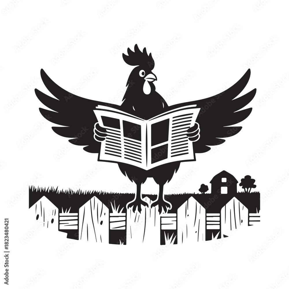 Naklejka premium Smart Rooster Sitting on Fence Reading Newspaper in Farm Morning Scene.