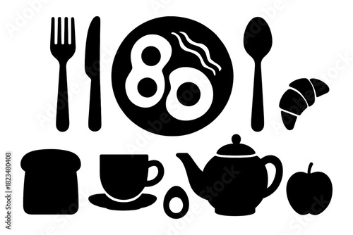 Breakfast icons: eggs, toast, and tea set silhouettes in black and white.