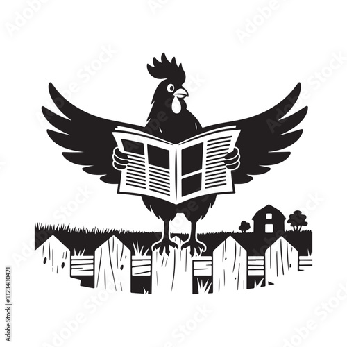 Smart Rooster Sitting on Fence Reading Newspaper in Farm Morning Scene.