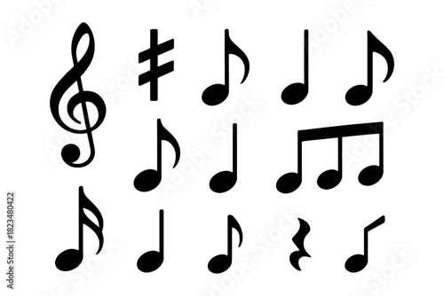 Music symbols: various musical notes and clef on white background.