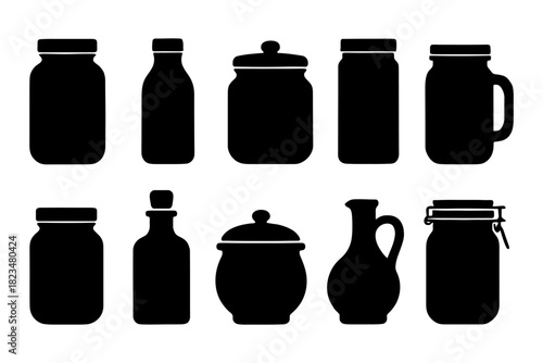 Silhouette collection of various empty jars and bottles with lids.