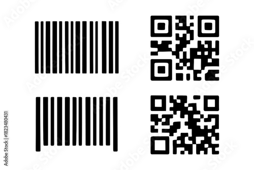 Barcode and qr code set: black and white symbols for scanning and data encoding.
