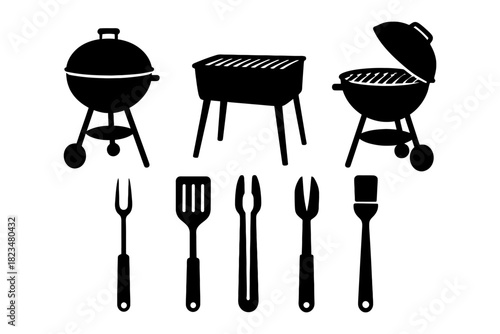 Silhouette of outdoor grills and bbq utensils set in black.