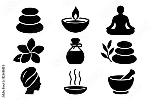 Spa and wellness icons: meditation, aromatherapy, massage, relaxation.