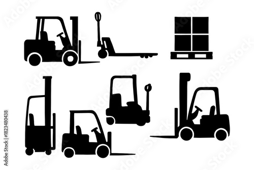 Silhouette set of forklifts and pallet truck icons.