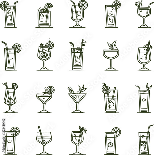 Collection of minimalist cocktail illustrations for beverage and celebration themes