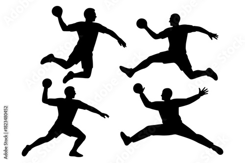 Silhouetted male athletes playing handball in dynamic poses.