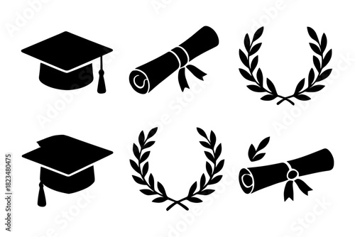 Graduation icons set: caps, diplomas, laurel wreaths in black silhouette.