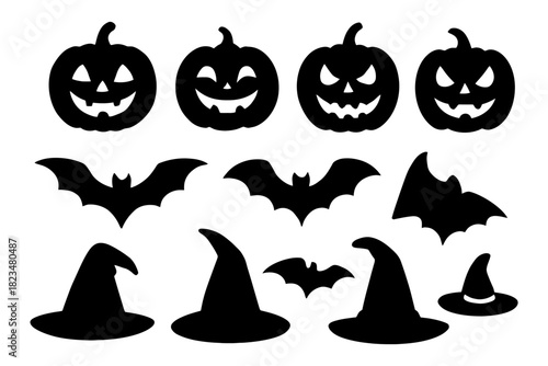 Halloween silhouettes: pumpkins, bats, witch hats for festive decor.