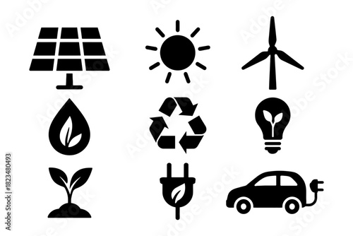 Sustainable energy icons: solar, wind, recycling, and electric car symbols.